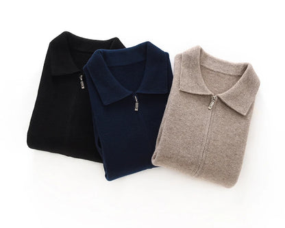 Men's 100% Merino Wool Thickened Sweater Polo Collar Business Zippered Cardigan Autumn Winter New Cashmere Jacket Knitted Top