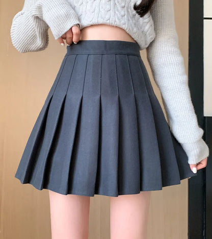 Autumn Winter Woolen Pleated Skirts Women New Korean High Waist Slimming Mini Skirt Ladies Preppy Style Side Zipper A-Line Skirt