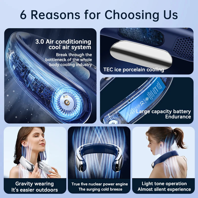 Lenovo Neck Fan 5 Speed Adjustable Bladeless Silent Neck Hanging Fan USB Rechargeable LED Digital Display Ice Refrigeration Fan
