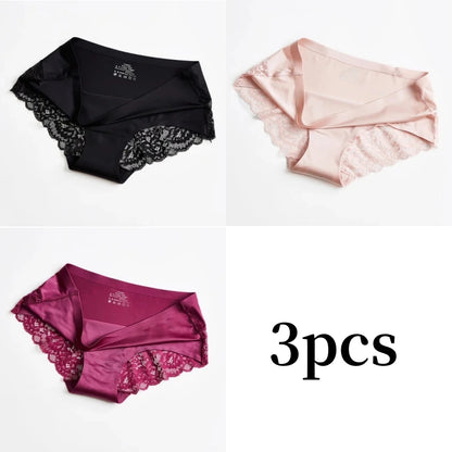 3pcs Lace Women's Panties French Seamless Underwear Female Ice Silk Briefs Solid Color Breathable Underpants Lingerie