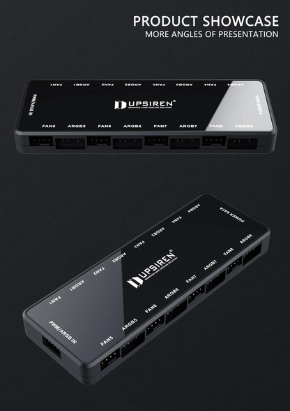 UPSIREN HU-8 Chassis Fan Hub，8 Sets of ARGB and PWM Interfaces,Bottom magnetic design，Support motherboard synchronization
