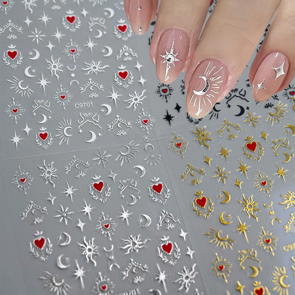 1pcs 3D Bronzing Gold Love Heart Nail Art Stickers Y2K Holographic Stars Sun Starlight DIY Nail Decals Heart Manicure Decoration