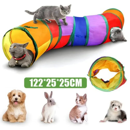 Small Pet Entertainment Accessory, 2-Way Foldable Interactive Tunnel with Side Openings, Indoor Outdoor Play Tube for Exploration, Ideal Toy for Cats, Puppies and Pet Rabbits