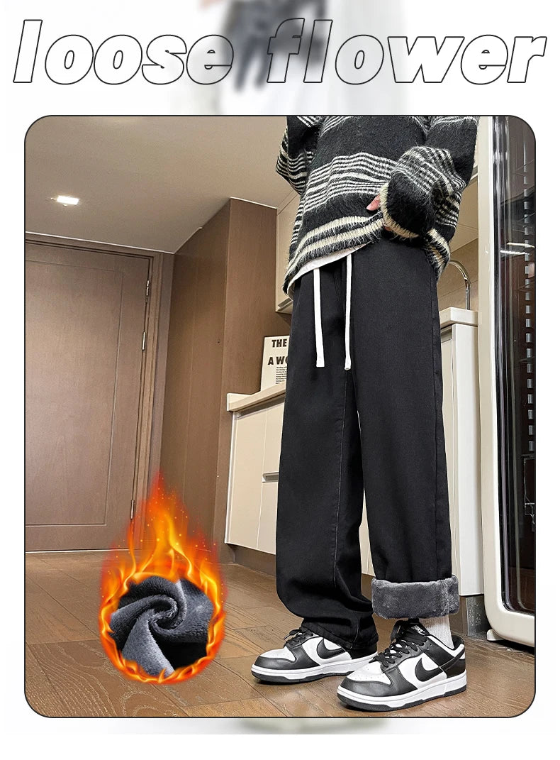 Men's Thicke Fleece Straight Jeans Winter Velvet Thermal Nostalgia Washing Denim Pants Streetwear Elastic Waist Loose Trousers