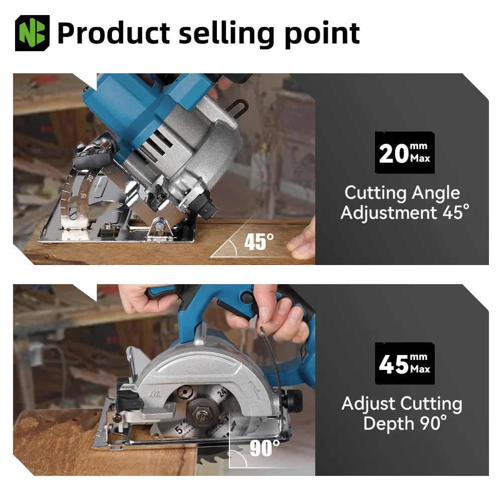 NEWBENY 5 Inch 125MM Brushless Circular Saw Cordless Electric Saw Multifunction Wood Cutting Power Tool for Makita Battery Pin