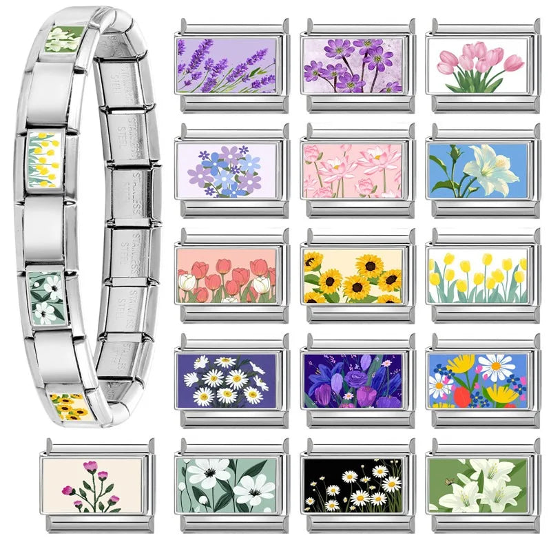 2025 Women's Fashion Colorful Flowers Oil Painting Style Series Italian Charms Fit 9mm Stainless Steel Bracelet DIY Jewelry Gift