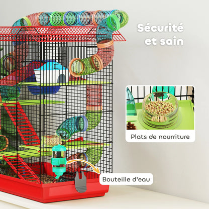 Pawut Cage for Hamster Mouse small animal rodent with Tunnel feeder wheel toy 47x30x59 cm red