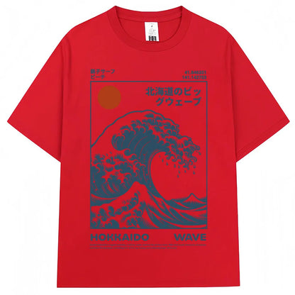 Japanese Style Hokkaido Wave Vintage T-shirt Men Women Harajuku Fashion High Quality T Shirts Oversized Cotton Summer Tee Shirt
