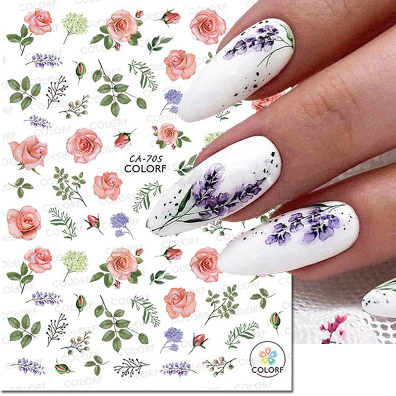 3d Nail Art Decals Watercolor Florals Purple Green Pink Flowers Leafs Fruit Adhesive Sliders Nail Stickers For Manicure