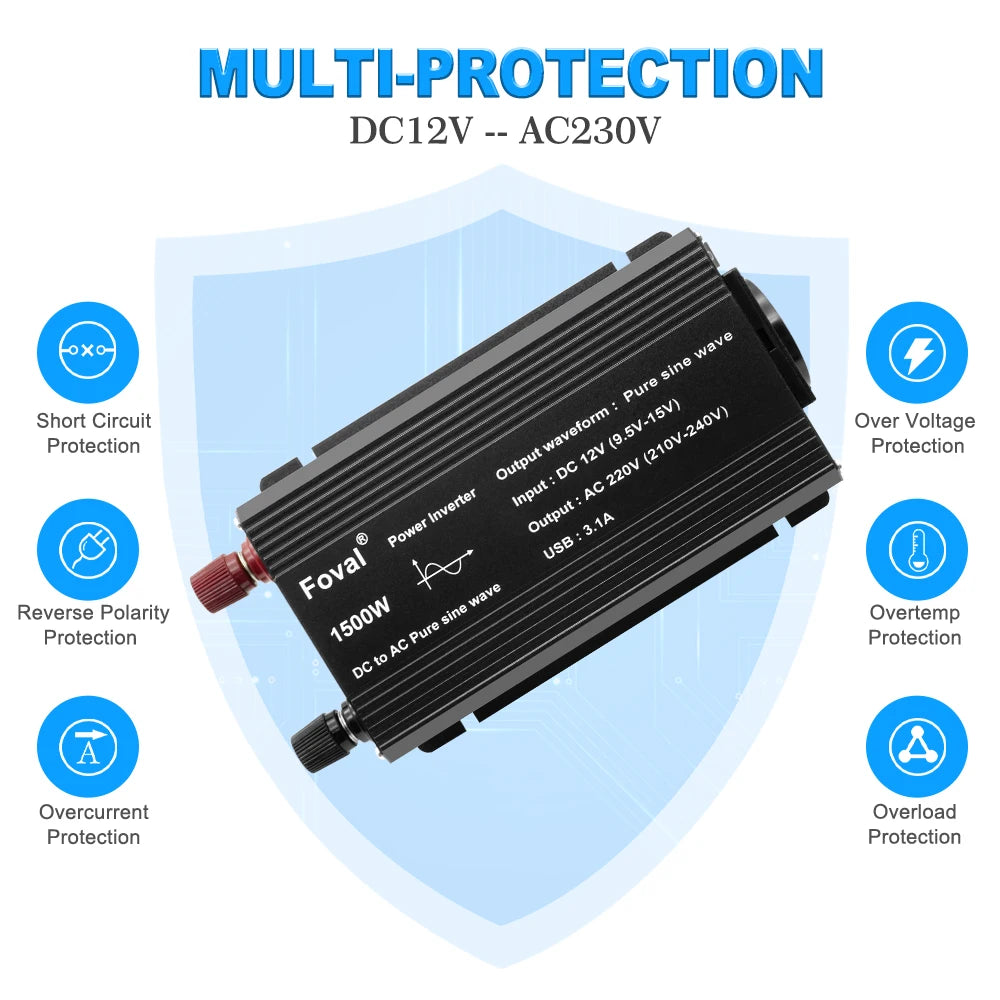 Pure Sine Wave Inverter DC 12V to AC 220V 230V 1500W/2200W/2600W/3000W Voltage Transfer Converter EU Socket Auto Accessories