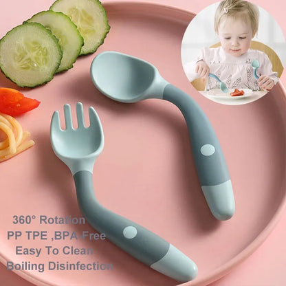 Baby Self Feeding Spoon Set 2Pcs, 360 Twist Anti-Drop Silicone Training Spoon + Fork for 6-24 Month Toddler BPA Free