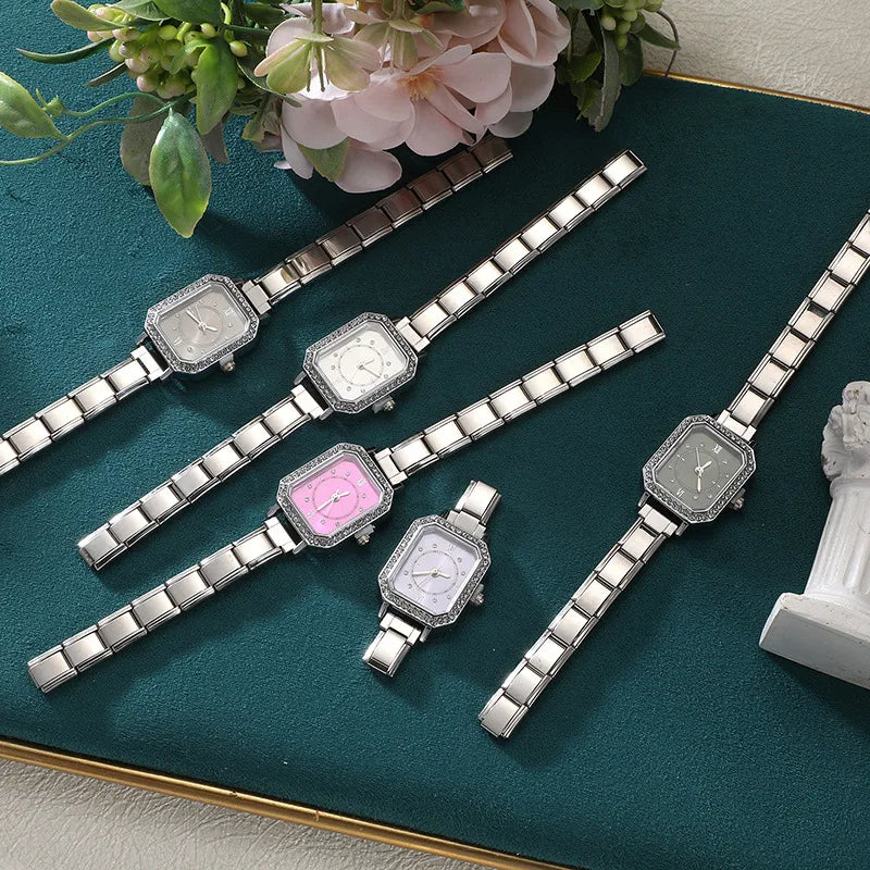 Fashion High Quality Men Women's Stainless Steel Square Round Shiny Zircon Watch Bracelet For Friend Birthday DIY Jewelry Gift
