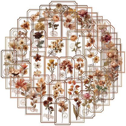 10/30/50pcs INS Style Retro Brown Flowers Stamp Stickers Aesthetic Decals DIY Luggage Motorcycle Bike Cartoon Decoration Sitcker