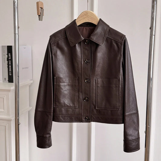 British Style Lapel Genuine Leather Jackets for Women Fashion Single-breasted Pockets Female Brown Casual Short Sheepskin Jacket