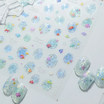 5D Summer Ocean Nail Stickers Seaside Vacation Colorful Fish Bubble Starfish Little Octopus Nail Decal Fresh Sea Manicure Decor