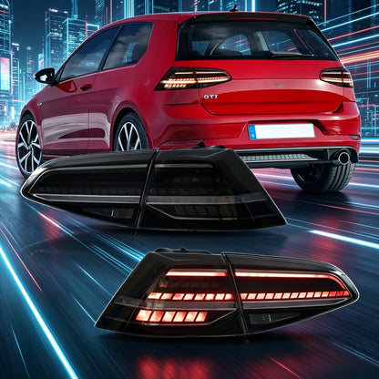 Upgraded Full LED Rear Tail Lamp Pair For VW Golf MK7 MK7.5 Hatchback 2013 to 2021, Sequential Flowing Turn Signal Design, Anti-fade Transparent Lens, Stable 12V Low Power Consumption, Fully Sealed Waterproof Structure, No Ex