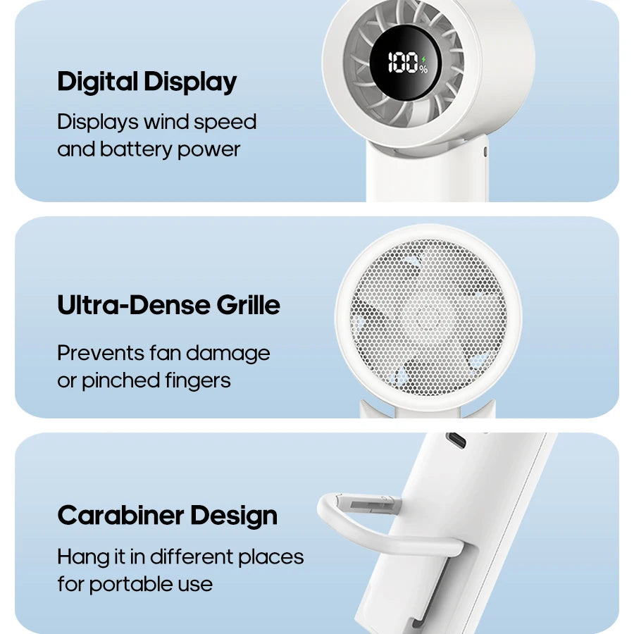 KINSCOTER Portable High Speed Handheld Fan 2000mAh Foldable Cooling Fan 100 Speed Rechargeable Turbo Fan W/ LED Digital Display