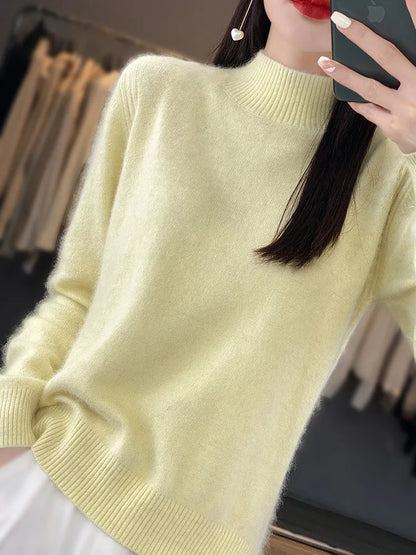 100% Mink Cashmere Sweater Women's Half High Collar Pullover Long Sleeve Cashmere Knitwear Fashion Autumn Winter Female Clothing