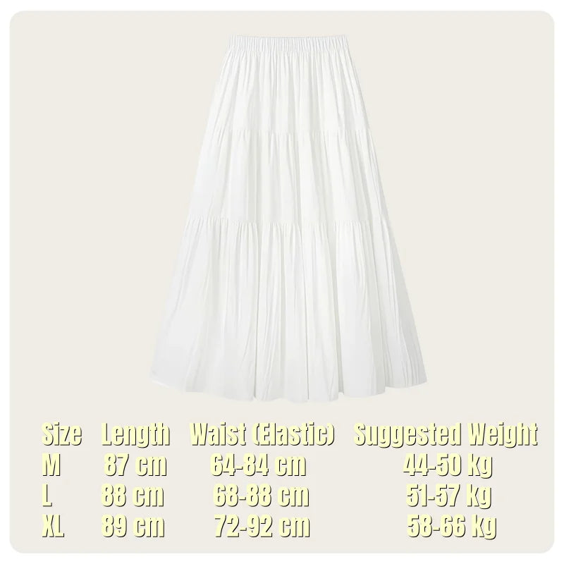 Korean Casual Style Women's Spring and Summer High-Waisted Elastic Band Lined White Layered Midi Skirt