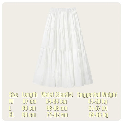 Korean Casual Style Women's Spring and Summer High-Waisted Elastic Band Lined White Layered Midi Skirt