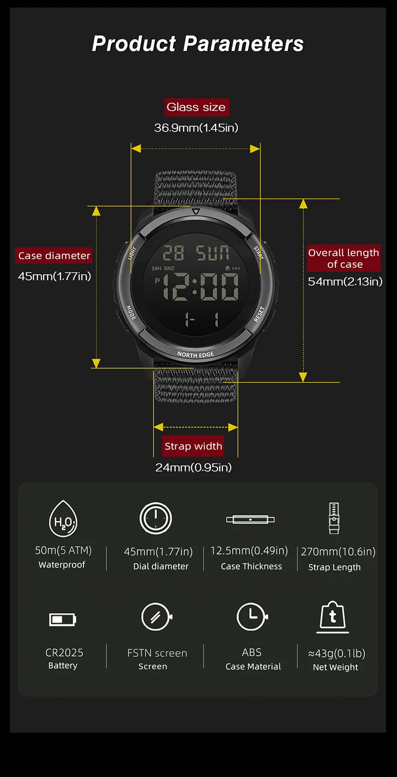 NORTH EDGE 2026 TERRAX Men's Digital Watches Outdoor Sports Swimming Waterproof 50M Stopwatch Countdown Electronic Watch For Men
