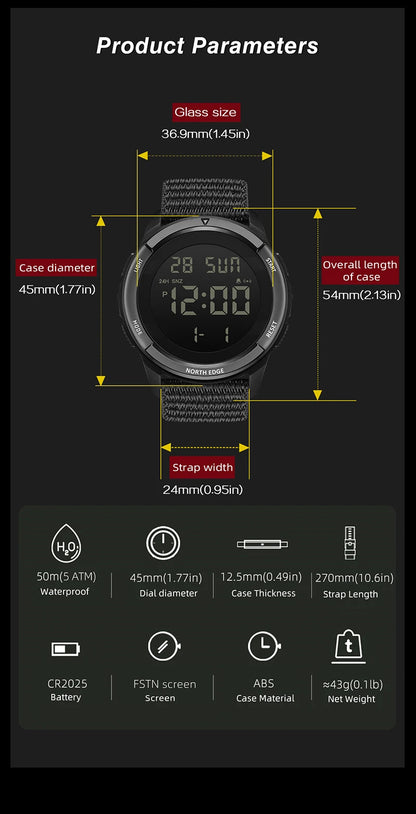 NORTH EDGE 2026 TERRAX Men's Digital Watches Outdoor Sports Swimming Waterproof 50M Stopwatch Countdown Electronic Watch For Men