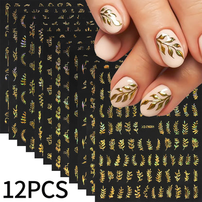 12pcs/set 3D Shiny Leaf Flower Nail Art Sticker Laer Gold Bronzing Leaves Nail Decals 8*10cm Self-Adhesive Nail Art Supplies e5#
