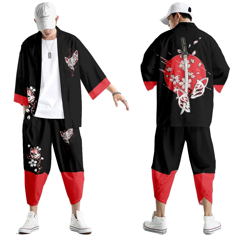Large Size 5XL 6XL Japanese Kimono Cardigan Pants Set Print Fox Men Women Shirt Tradition Yukata Haori Obi Cosplay Costume