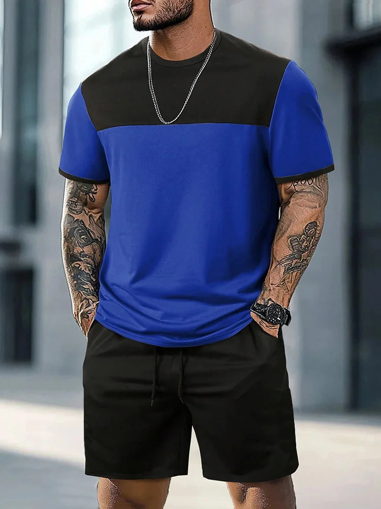 New European & American Style Men's Summer Loose-Fit Set Men's Crew Neck Short-Sleeve Top & Athletic Casual Shorts Two-Piece Set