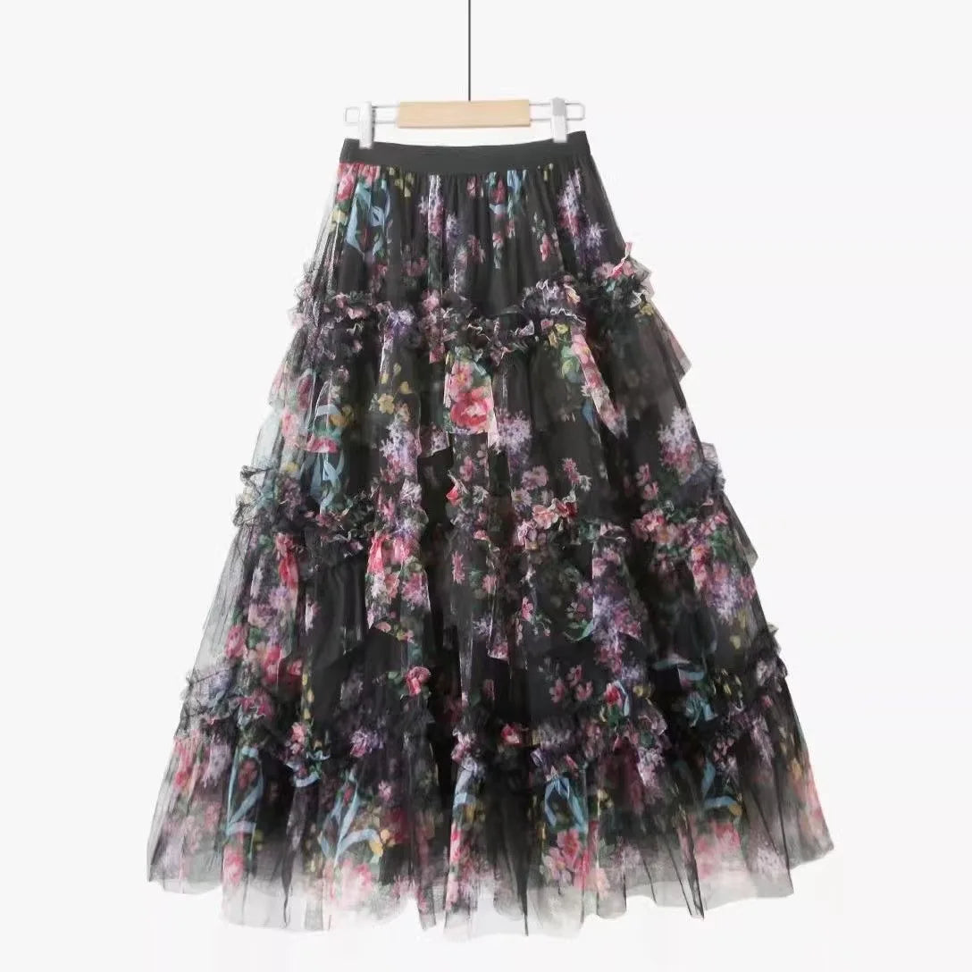 Faldas Y2k Elastic Waist Floral Print Mesh Skirt Women Summer Beach Vacation Style Versatile Stitching A-line Elegant Long Skirt