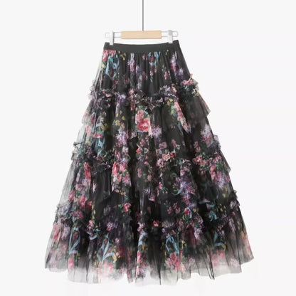 Faldas Y2k Elastic Waist Floral Print Mesh Skirt Women Summer Beach Vacation Style Versatile Stitching A-line Elegant Long Skirt