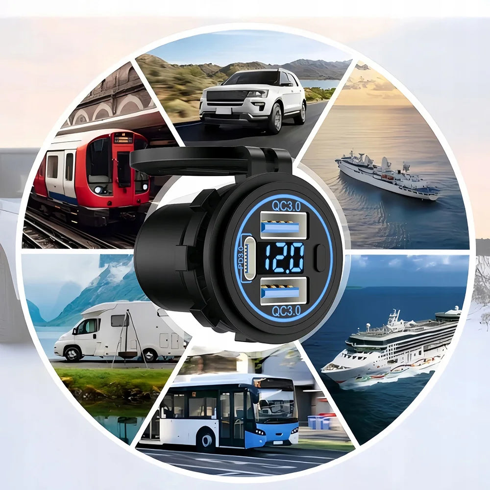 3 Ports Quick Charge Dual PD & QC 3.0 112W Aperture Car Charger Outlet Socket For 12V 24V Motorcycle Boat Marine Truck ATV