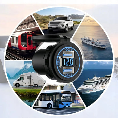 3 Ports Quick Charge Dual PD & QC 3.0 112W Aperture Car Charger Outlet Socket For 12V 24V Motorcycle Boat Marine Truck ATV