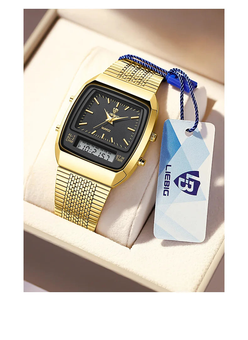 New Fashion Casual Watch Men Digital Dual Time Week Gold Sport 3bar Waterproof Quartz Wristwatches Clock relogio masculino L1030