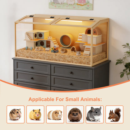 Large Wooden Hamster Cage Clear Tempered Glass Pet Small Animal Habitat Cage Playful Hutch House