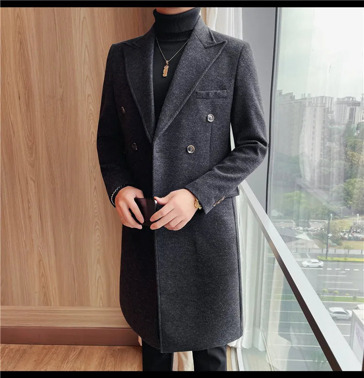 Autumn Winter Vintage Men's Woolen Long Coat Fashion Lapel High Quality Double Breasted Formal Men Slim Fit WindBreaker Overcoat