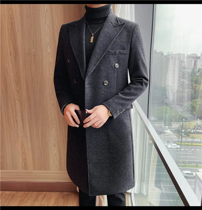 Autumn Winter Vintage Men's Woolen Long Coat Fashion Lapel High Quality Double Breasted Formal Men Slim Fit WindBreaker Overcoat