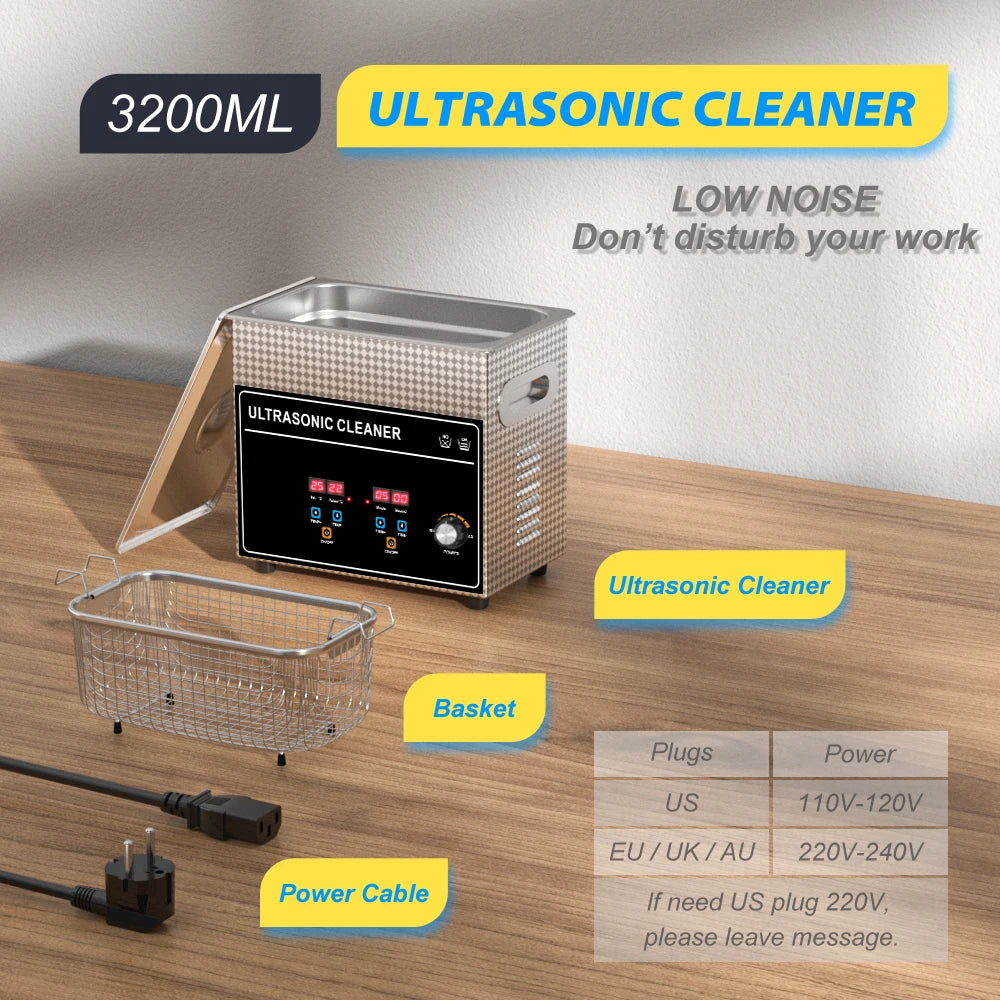 Ultrasonic Bath 3.2L 180W Cleaner Machine Power Adjust Hot Water Cleaning Bath Oil Nozzle Spark Plug Small Fuel