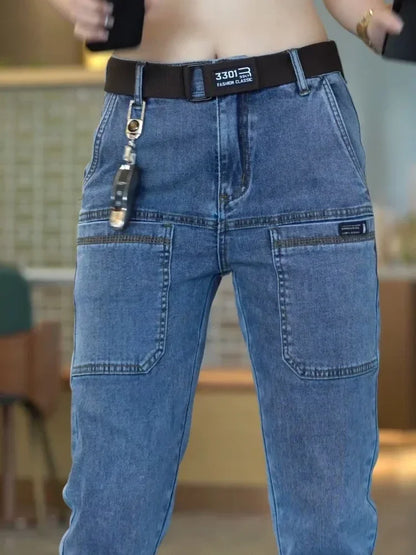 Spring Summer Thin Six Pocket Men's Jeans Elastic Straight Leg Casual Slim Fit Jeans Versatile Multi-Pocket Long Y2K Denim Pants