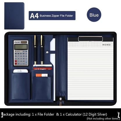 Executive Business A4 Leather Portfolio Folder Clipboard for Zippered Desk Organizer Document Briefcase Calculator for Office