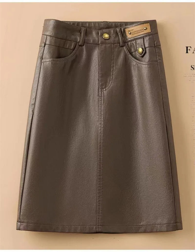 Spring Autumn Winter Leather Skirt Women New Fashion Black Brown High Waist PU A-Line Skirts Large Size S-5XL Female Midi Skirts