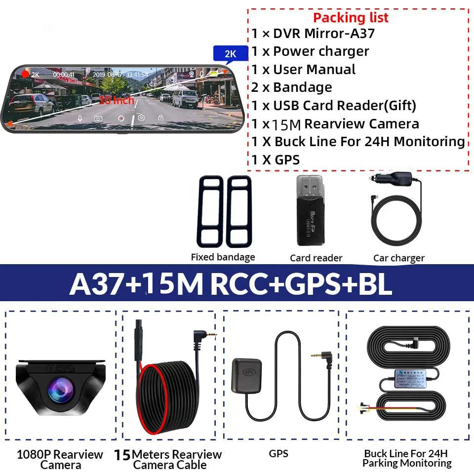 E-ACE 2K Car DVR WIFI GPS Stream Media Mirror Optional 1080P Car Video Camera Night Vision Loop Recording 24H Parking Black Box
