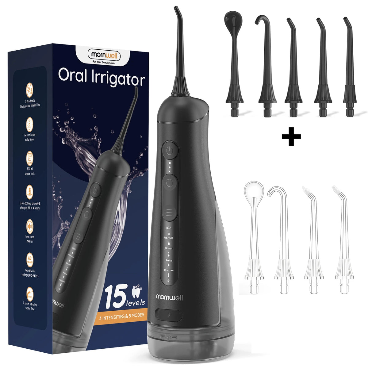 Portable Oral Irrigator with 5 Jet Tips , 5 Cleaning Modes of 3 water pressure , 300ml Water Tank IPX7 Waterproof Water Flosser