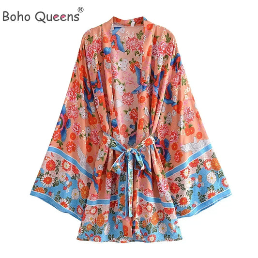 Boho Queens Vintage Peacock Floral Print Sashes Beach Kimono Women Bohemian Wrap Batwing Sleeves Holiday Bikini Cover-ups