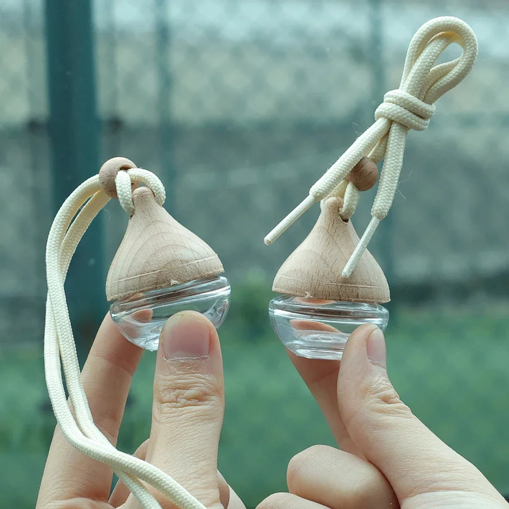 6ML Empty Car Air Freshener Pendant Perfume Glass Bottle With Wooden Caps Refillable Car Essential Oil Diffuser Bottle