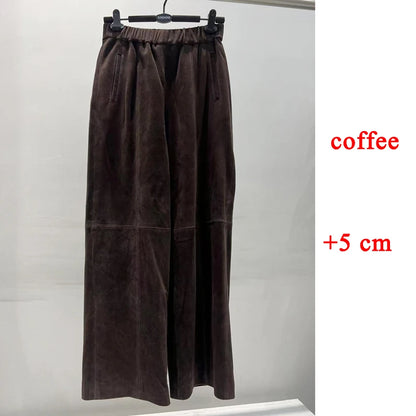 Retro Suede Leather Cropped Pants for Women Femae Genuine Leather Wide Leg Floor Long Trousers Straight Cylinder Spodnie Damskie