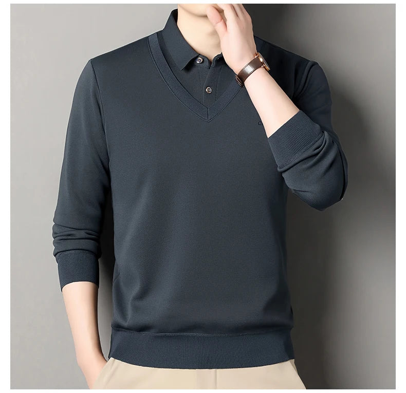 Men's Fleece Lined Sweater Polo Collar Pullover Tops Fashion Business Causal Pullovers Korean Slim Fit Thick Winter Clothes