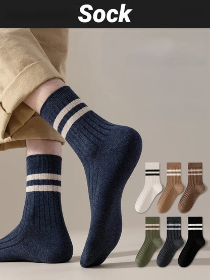 Autumn Winter Mens Mid Tube Socks Simple Casual Black White Striped Breathable High Quality Round Neck Socks
