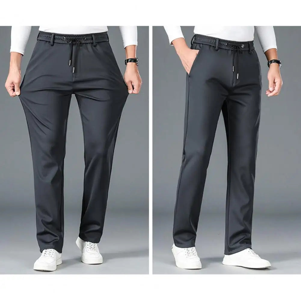 Men Casual Pants Loose Straight Drawstring Elastic Waist Business Pants Solid Color Breathable 2 Side Pockets Sports Trousers