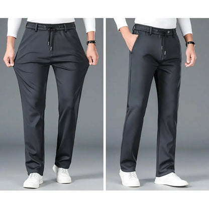 Men Casual Pants Loose Straight Drawstring Elastic Waist Business Pants Solid Color Breathable 2 Side Pockets Sports Trousers